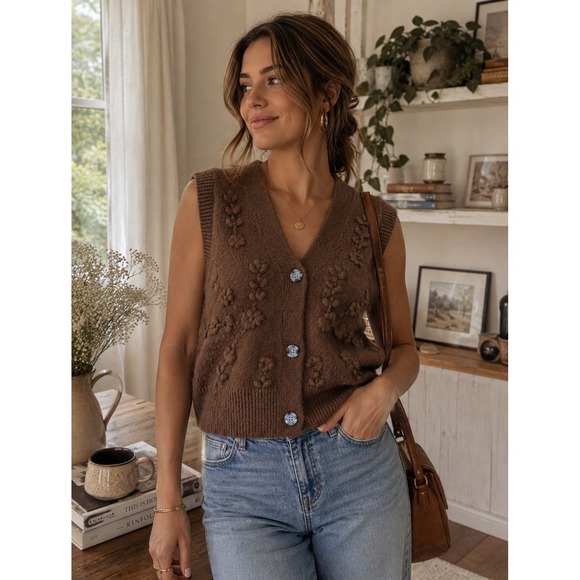 Jessica Simpson Tops - Jessica Simpson Brown 3D Floral Knit Sweater Vest S Cottagecore